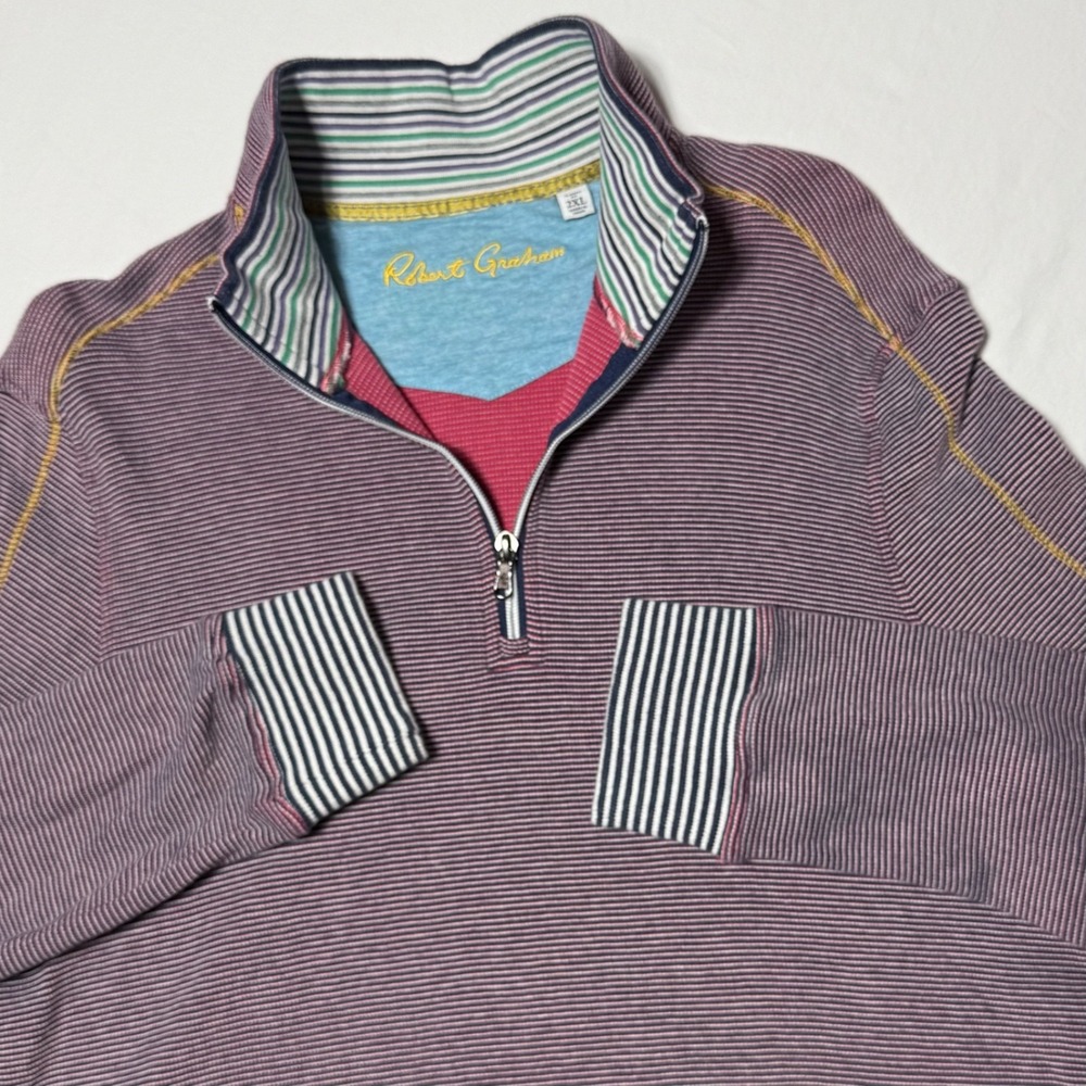 Robert Graham Elliot Quarter Zip‎ Pullover Sweater Purple Black Stripe Men's 2XL
